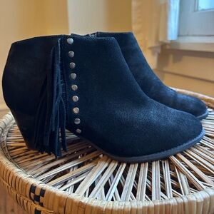 Vionic Black Faros Suede Ankle Boots with Fringe and Stud Details | Size 8.5